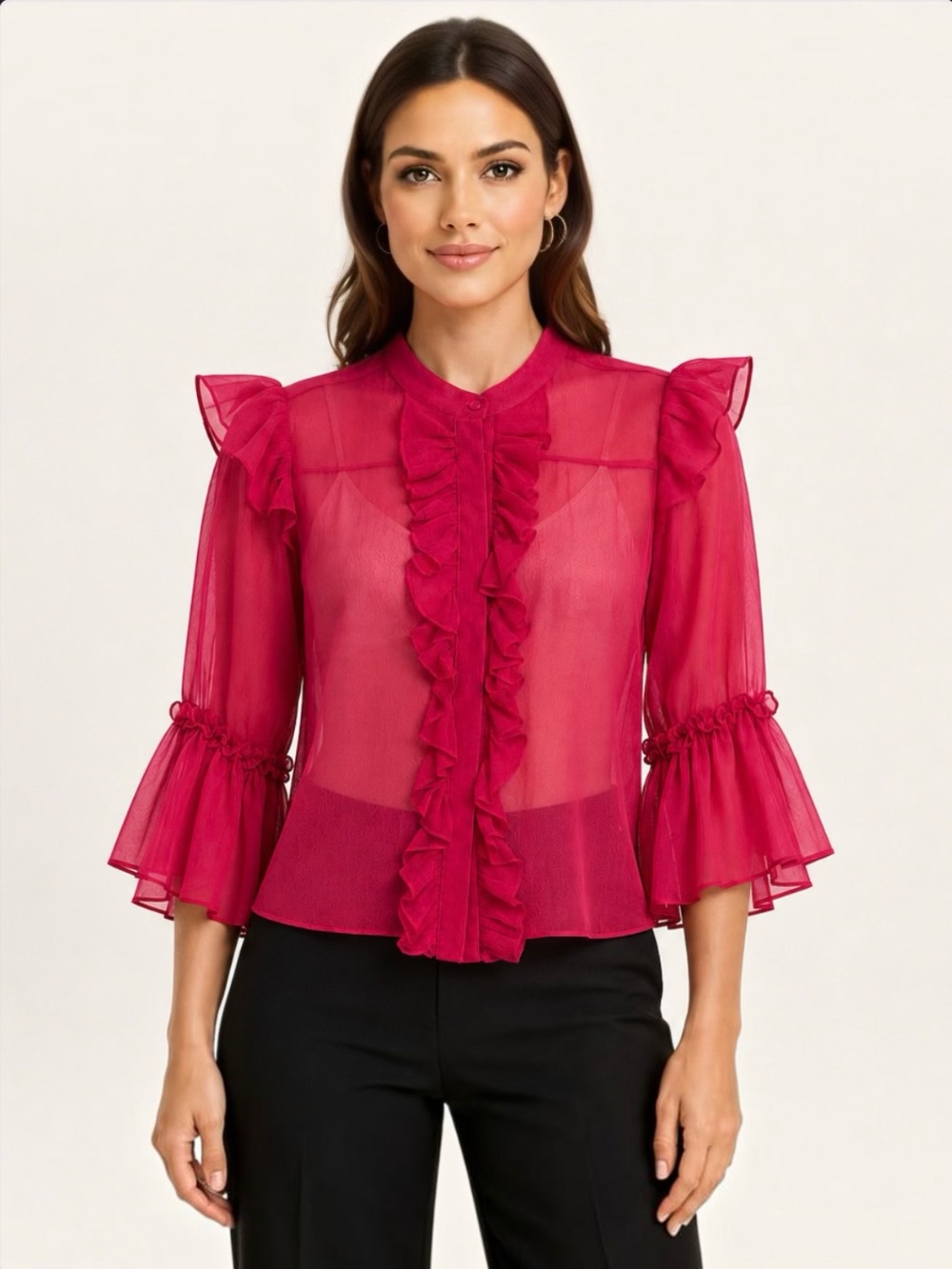 Alice + Olivia Silk Chiffon Ruffle Blouse Sheer Top Bell Sleeves Whimsigoth S - Picture 3 of 16